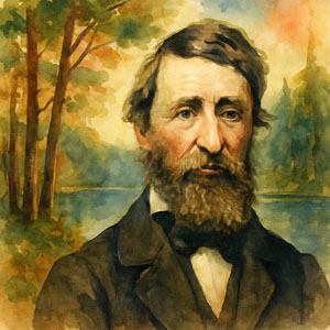 Watercolor portrait of Henry David Thoreau in gentle woodland light, reflecting his Walden spirit