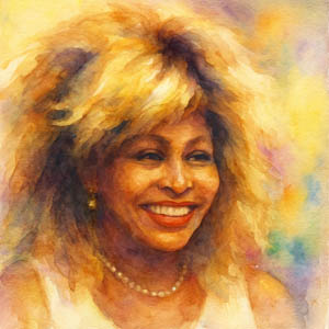 Watercolor portrait of beautiful Tina Turner smiling with radiant energy