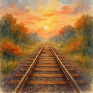 Watercolor of lone railroad track at sunrise, symbolizing Casey Jones' final journey