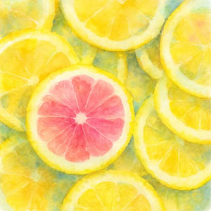 Watercolor of bright yellow lemon slices with one pink center slice