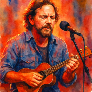 Watercolor portrait of Eddie Vedder with ukulele — warm stage light, soulful presence.