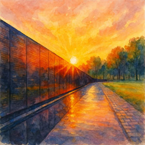 Watercolor of the Vietnam Veterans Memorial at sunrise — radiant in gold and rose tones, reflected softly in the black granite wall, quiet and peaceful in the morning light.