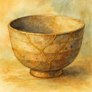 Square watercolor of a weathered ceramic tea bowl with golden repair lines — no words — warm Daily Celebrations palette