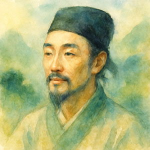 Square watercolor portrait of Wang Wei: calm gaze, soft mountain mist, gentle light