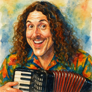 Weird Al Yankovic with accordion, playful, kind-eyed, and smiling