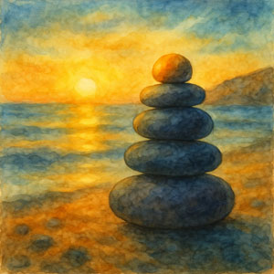 Square watercolor suggesting priorities — a gentle balance of stones and light