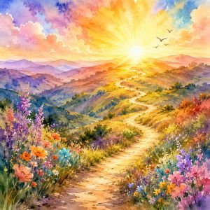Original Daily Celebrations watercolor. Winning begins long before the finish line. The path curves naturally, disappearing and reappearing as it approaches the light, symbolizing perseverance, preparation, and becoming.