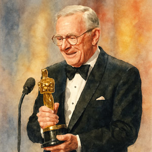 Watercolor portrait of Robert Wise winning his Oscar