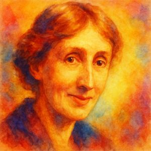 Watercolor portrait of Virginia Woolf in warm luminous colors