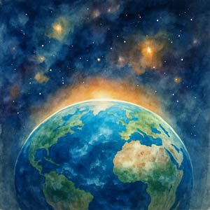 Watercolor of Hopeful Earthrise image with radiant light