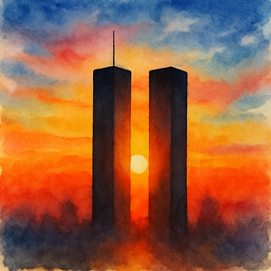 Inspirational Watercolor of the sun rising behind the World Trade Center twin towers